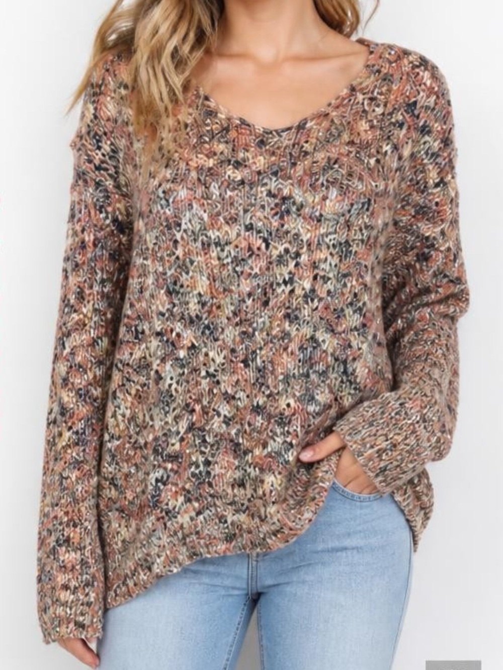 Lush Long Sleeve Sweater Sz S Multicolor Loose Knit Exposed Seams V-Neck Cozy